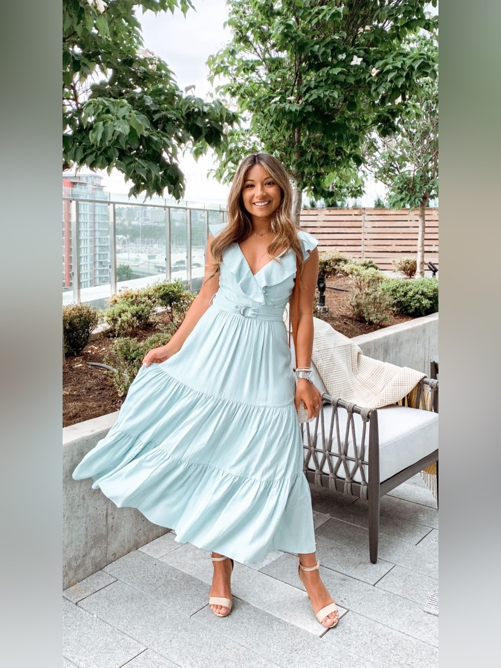 Ever New Light Blue Ruffled V-Neck Tiered Midi Dress
